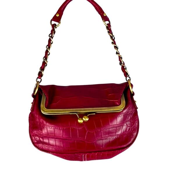 Vintage Y2K Tommy Hilfiger Red Fold Over Mini Bag Chain Strap Croc Embossed - Picture 1 of 8